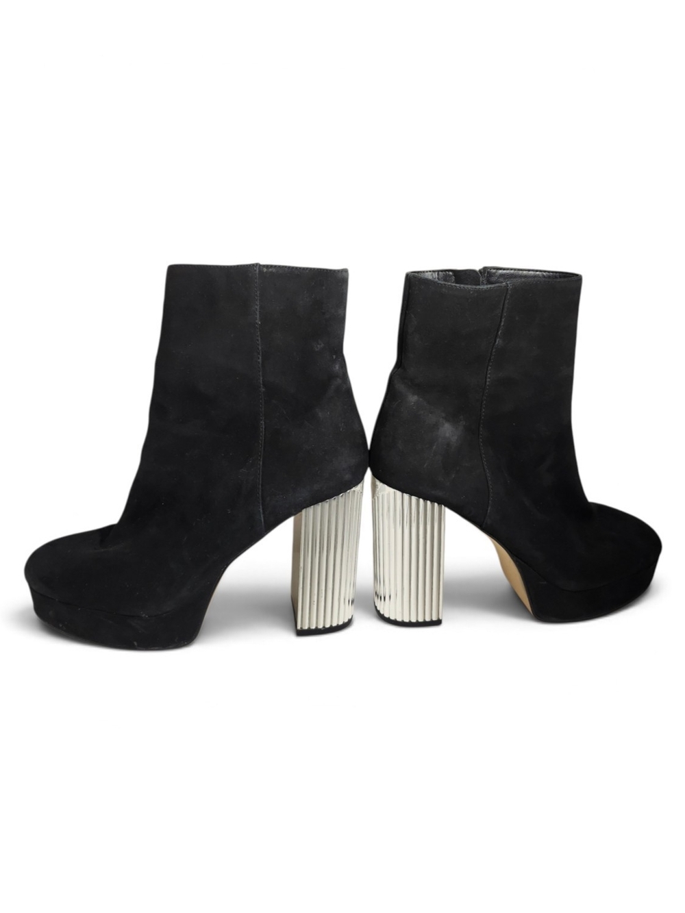 Michael Kors Size 8.5 Black Suede Platform Ankle Boots with Metallic Ribbed Heel